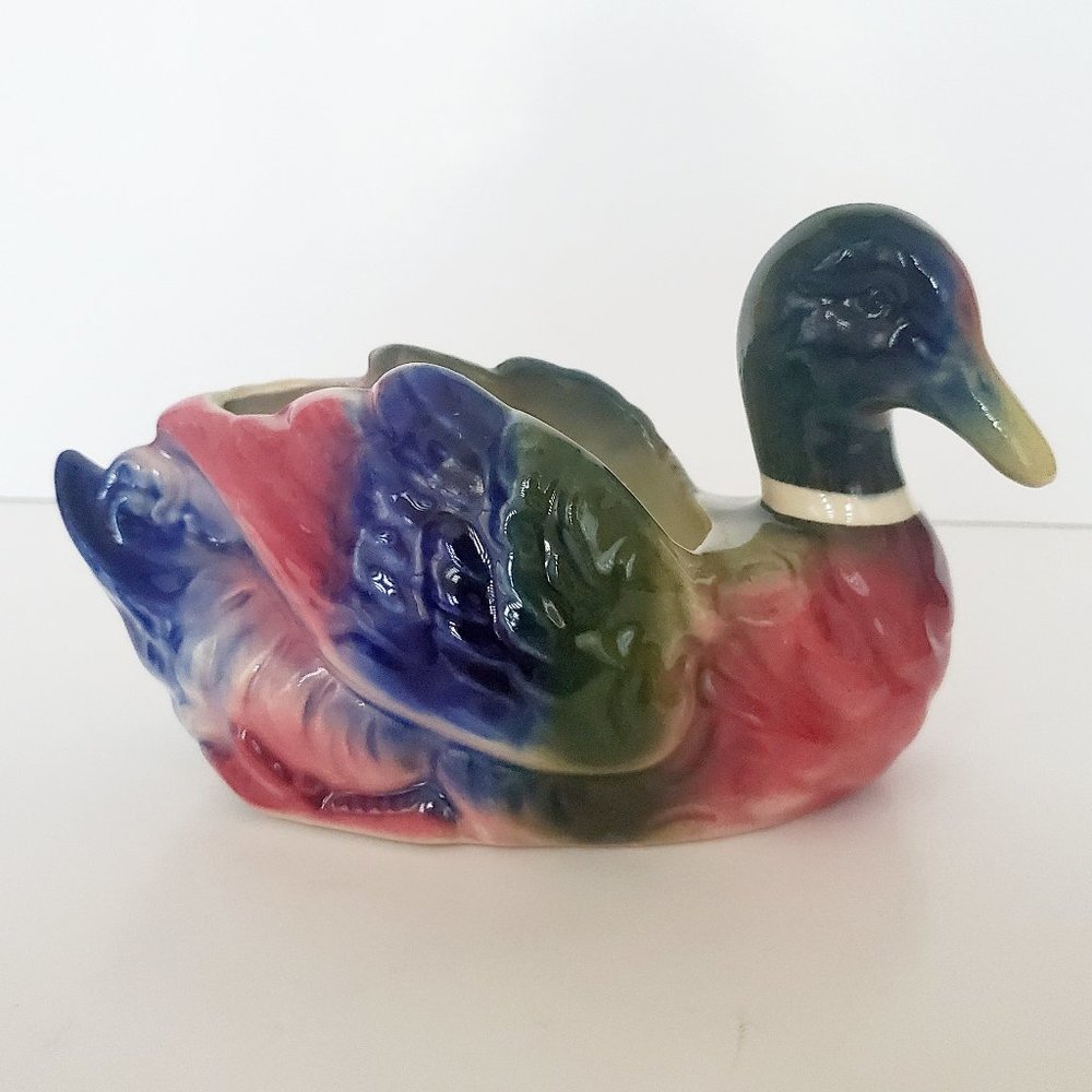 Vintage MCM Mallard Duck Ceramic Planter Vase Glossy Cobalt Blue Cottagecore